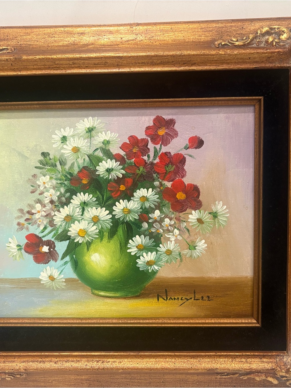 Vintage Nancy Lee Signed Floral Still Life Canvas Painting, Original, Framed